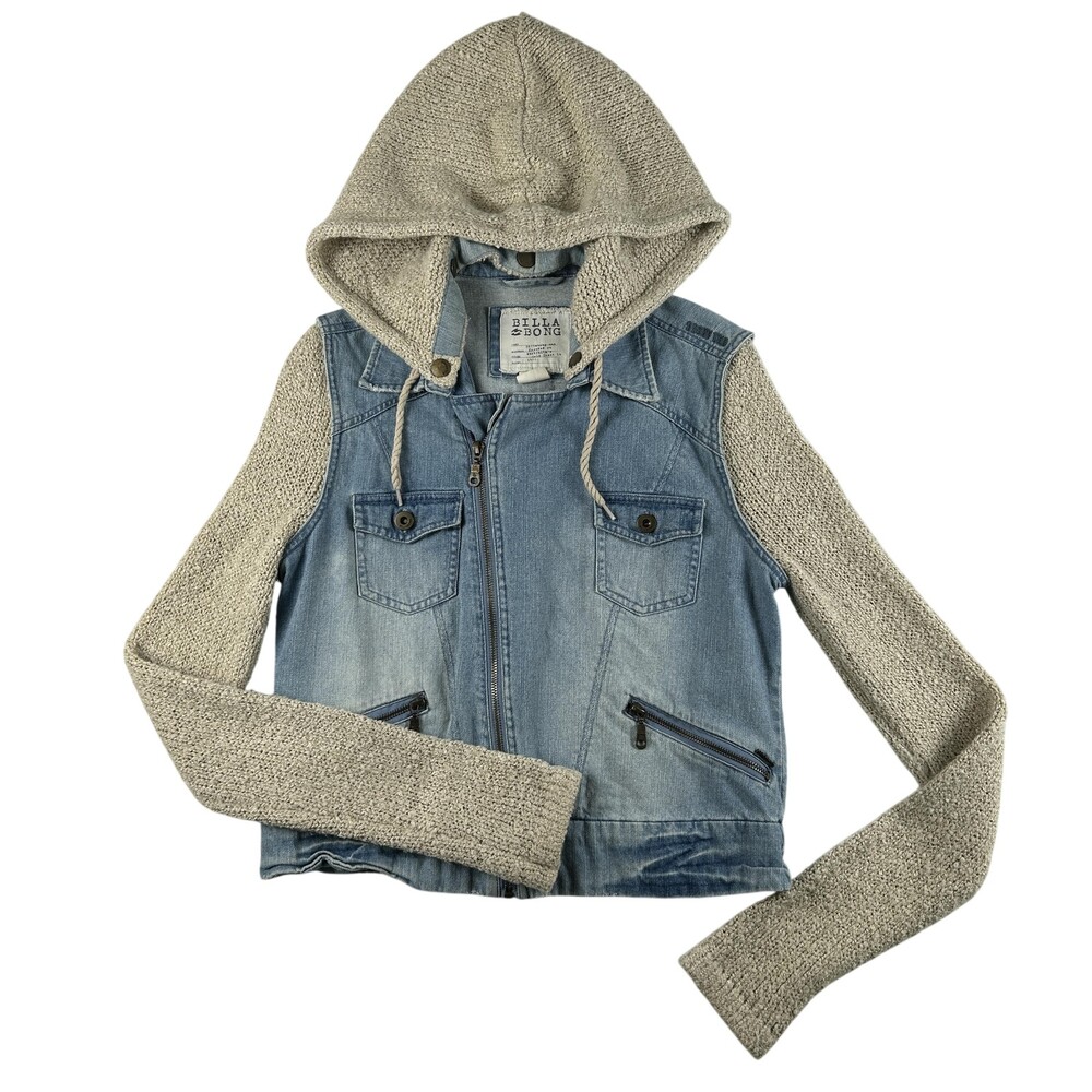 Billabong Jacket Womens Large Denim Knit Sleeve Hooded Full Zip Pockets Casual